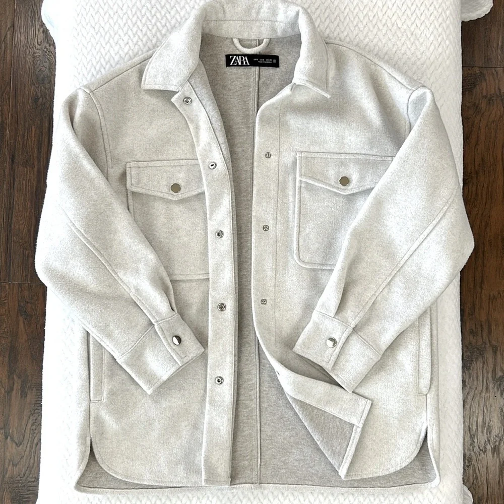 Zara Soft-Touch Overshirt Oversized Shacket Woman’s Size Small Light Gray - Picture 3 of 17